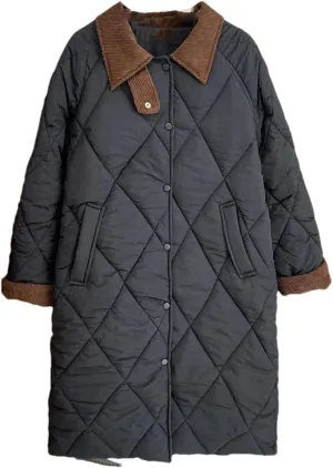 Women Autumn Winter Simple Block Color Long Cotton-Padded Coat Plus Size Warm Parkas
