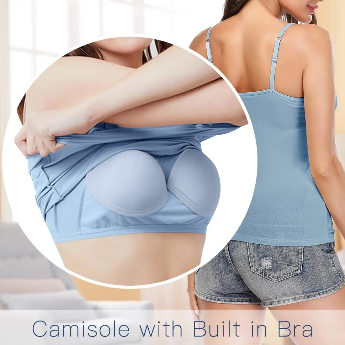 Women Camisole with Built-in Bra Cup Strap Supportive Padded Tank Top Layering Cami Undershirt for Yoga