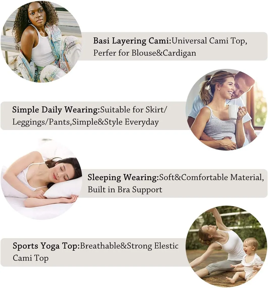 Women Camisole with Built-in Bra Cup Strap Supportive Padded Tank Top Layering Cami Undershirt for Yoga