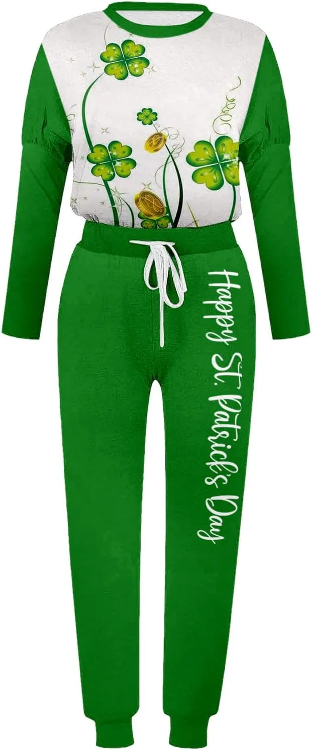 Women Casual Autumn and Winter Fashion Printed Round Neck Long Sleeve Pocket Drawstring Elastic Waist Pants Fuzzy