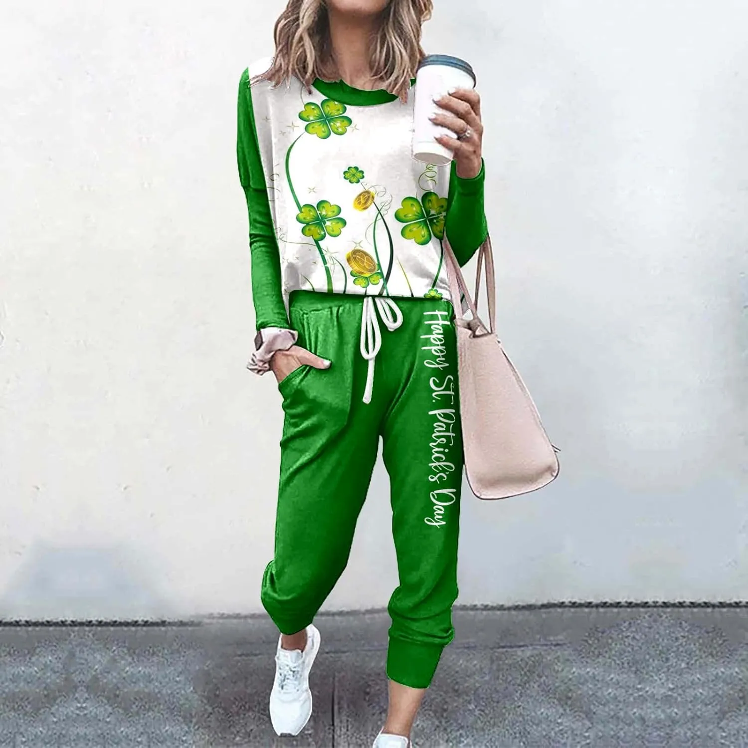 Women Casual Autumn and Winter Fashion Printed Round Neck Long Sleeve Pocket Drawstring Elastic Waist Pants Fuzzy