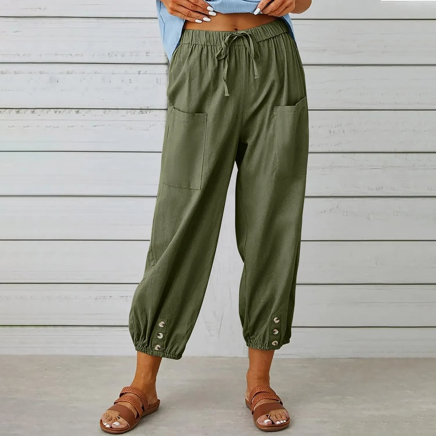 Women Casual Lantern Tapered Harem Pants Solid Loose Fit Style Cotton Linen Capris Pants Elastic Waist Cotton Trouser