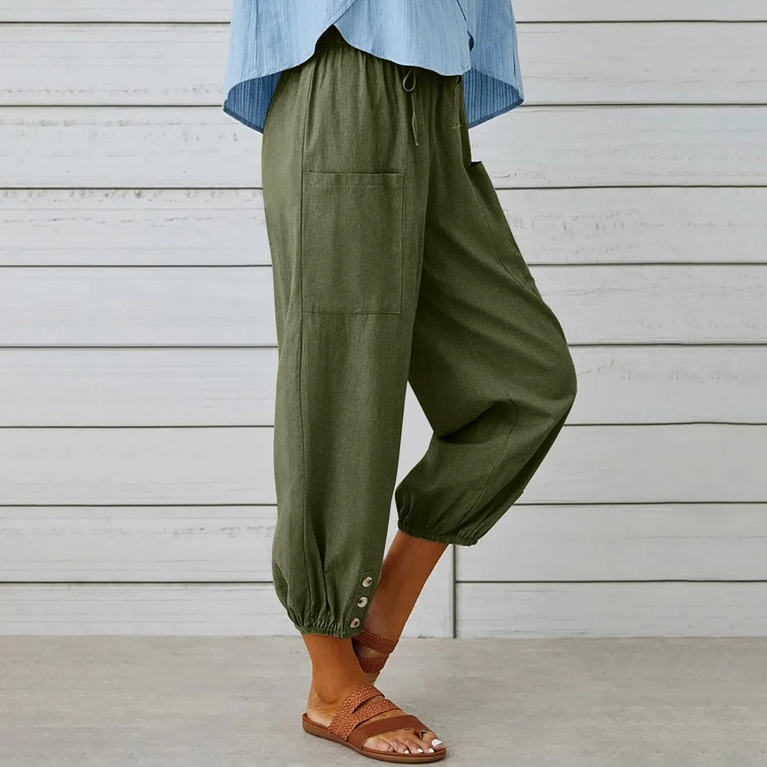 Women Casual Lantern Tapered Harem Pants Solid Loose Fit Style Cotton Linen Capris Pants Elastic Waist Cotton Trouser