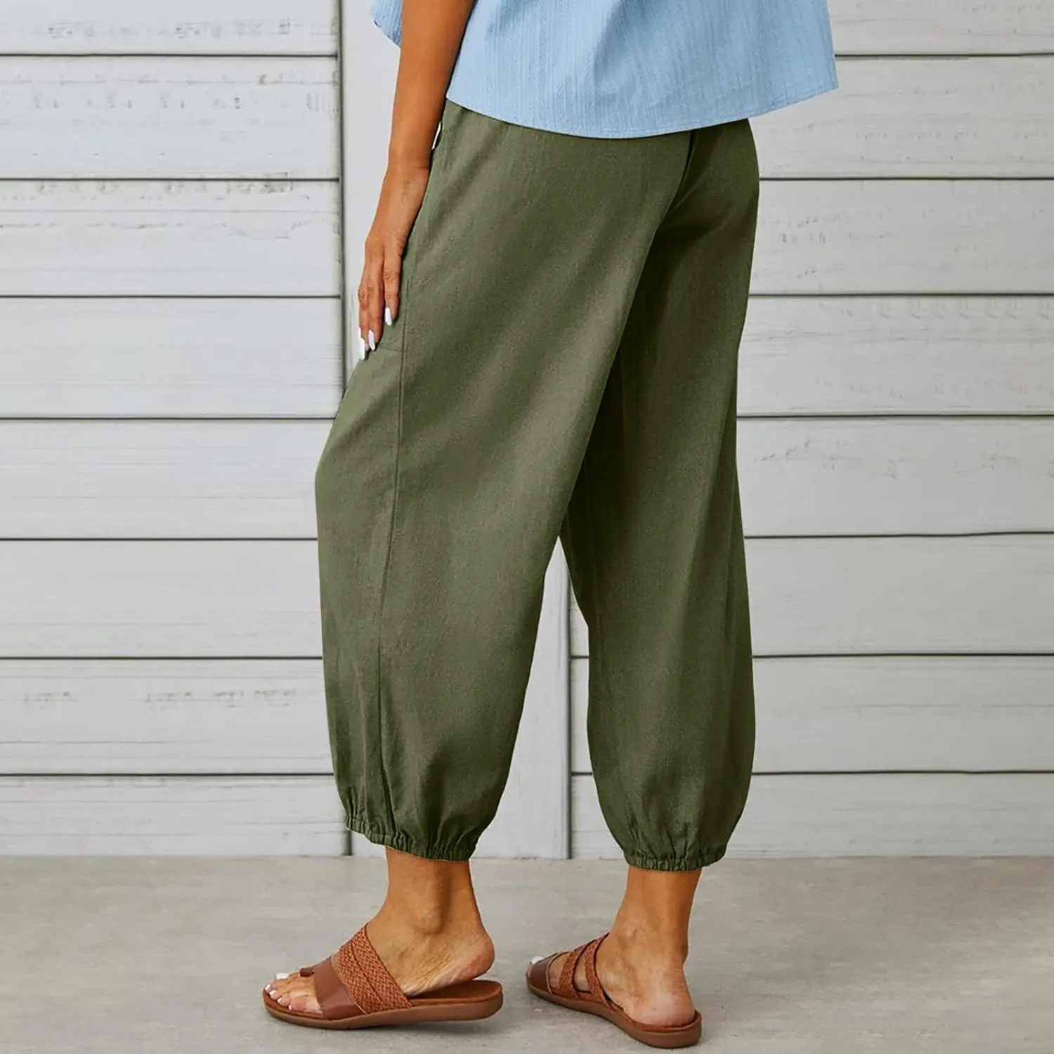Women Casual Lantern Tapered Harem Pants Solid Loose Fit Style Cotton Linen Capris Pants Elastic Waist Cotton Trouser