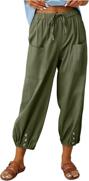 Women Casual Lantern Tapered Harem Pants Solid Loose Fit Style Cotton Linen Capris Pants Elastic Waist Cotton Trouser