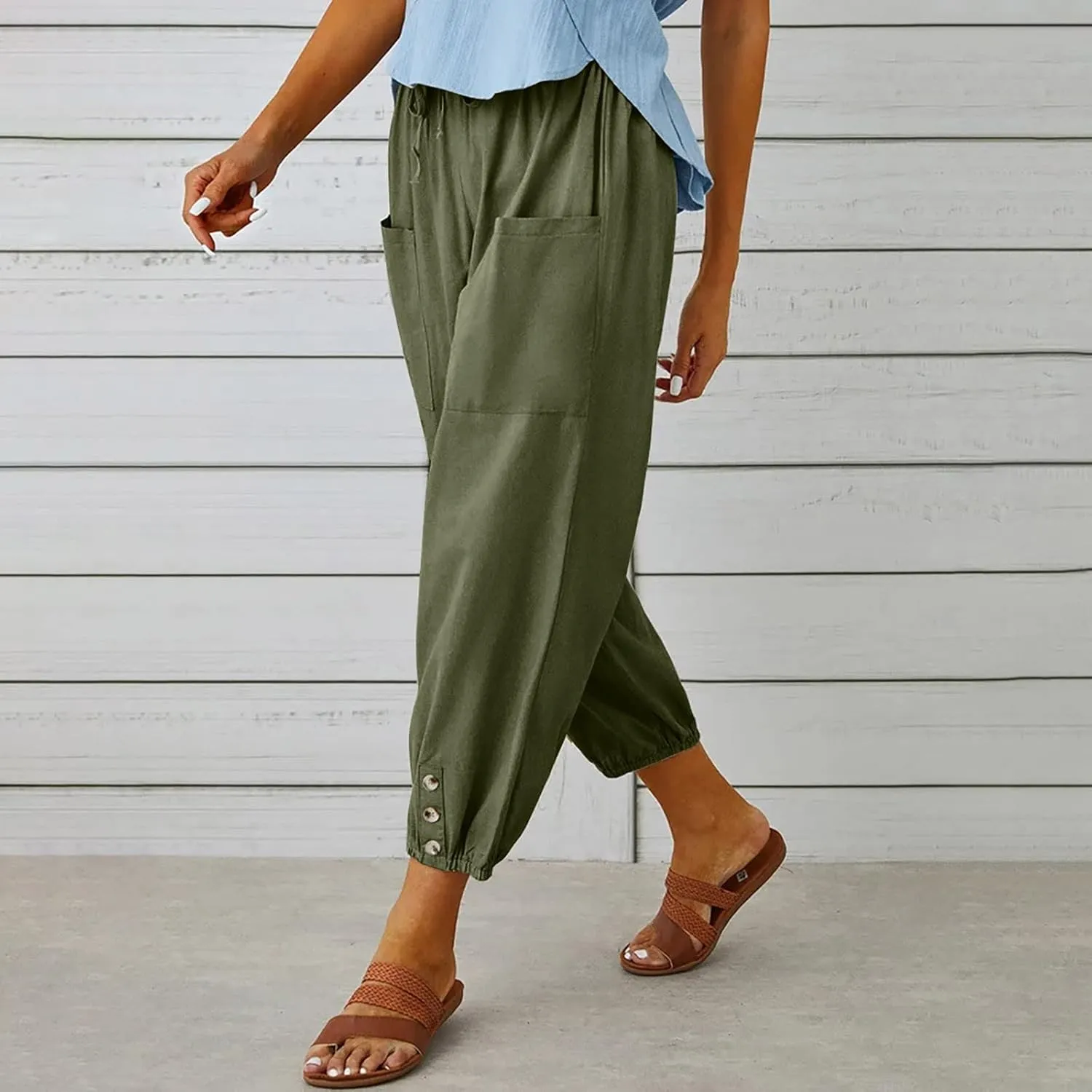 Women Casual Lantern Tapered Harem Pants Solid Loose Fit Style Cotton Linen Capris Pants Elastic Waist Cotton Trouser