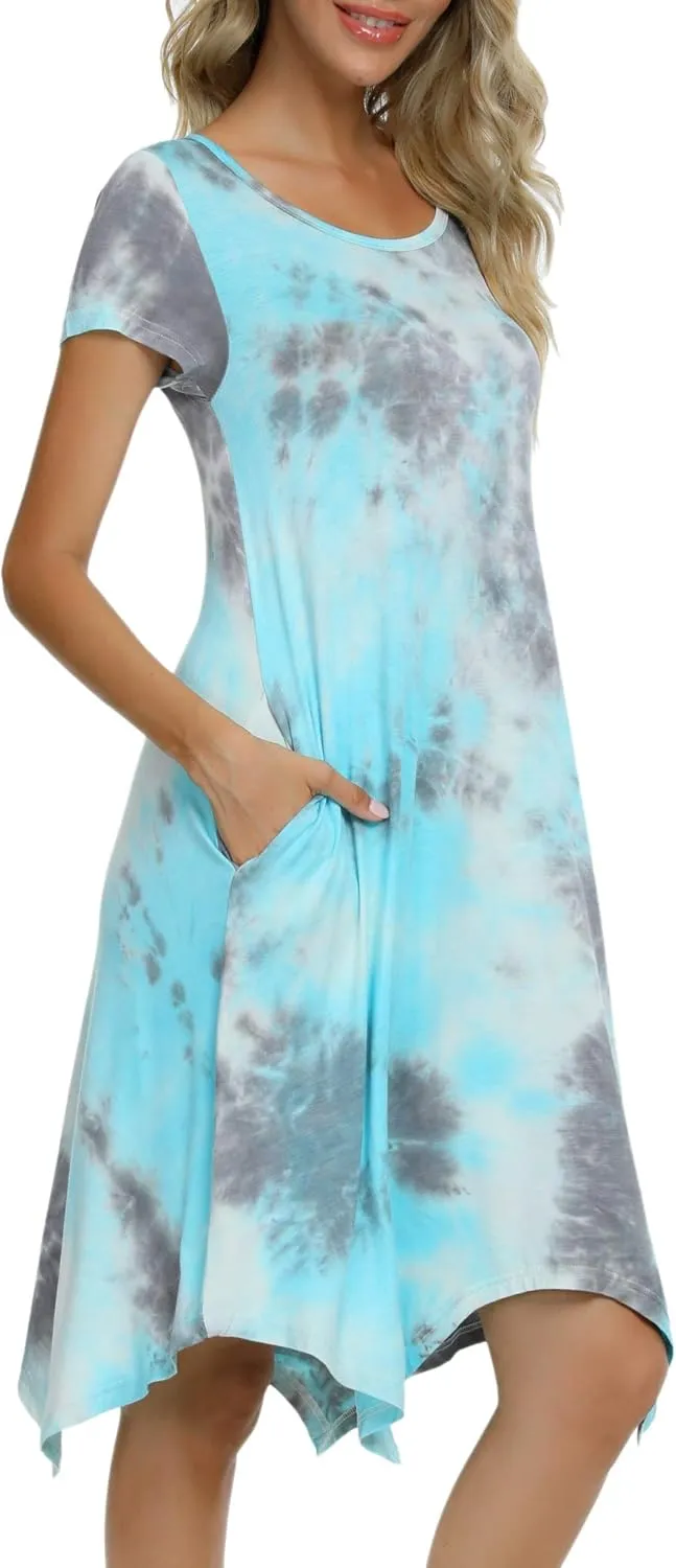 Women Casual Loose Soft Crewneck Short Sleeve Pockets Swing T-Shirt Dress
