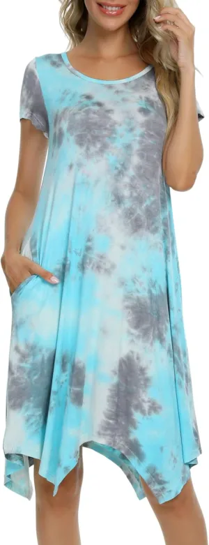 Women Casual Loose Soft Crewneck Short Sleeve Pockets Swing T-Shirt Dress