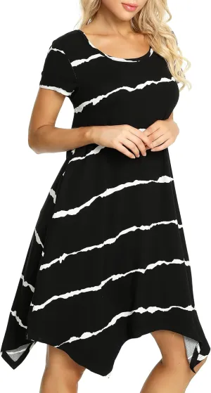 Women Casual Loose Soft Crewneck Short Sleeve Pockets Swing T-Shirt Dress