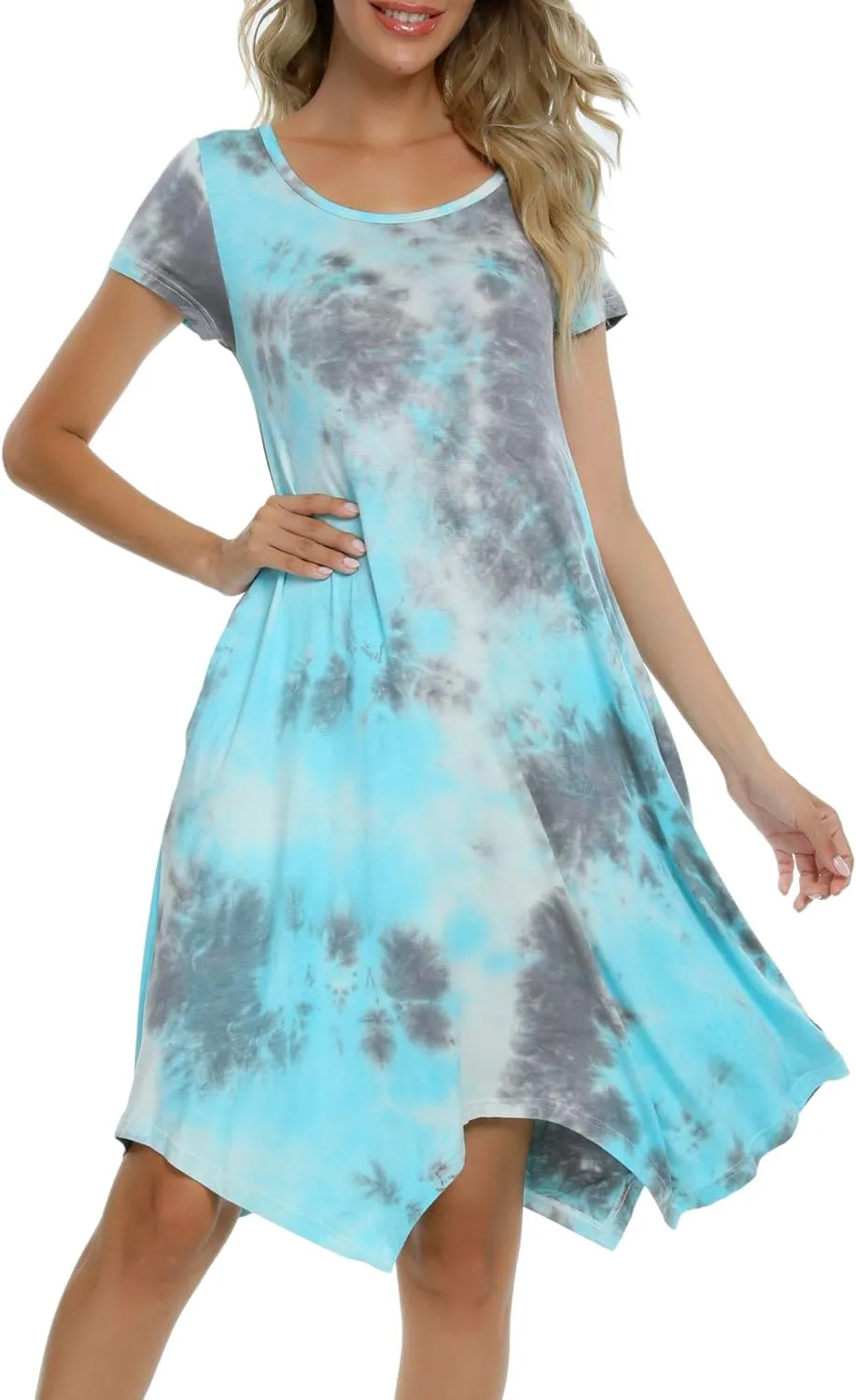Women Casual Loose Soft Crewneck Short Sleeve Pockets Swing T-Shirt Dress