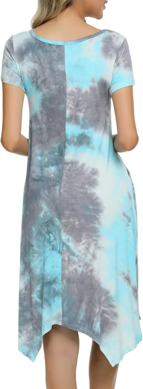 Women Casual Loose Soft Crewneck Short Sleeve Pockets Swing T-Shirt Dress