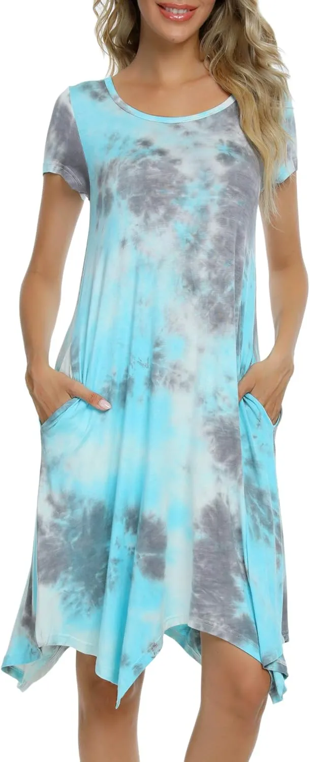 Women Casual Loose Soft Crewneck Short Sleeve Pockets Swing T-Shirt Dress