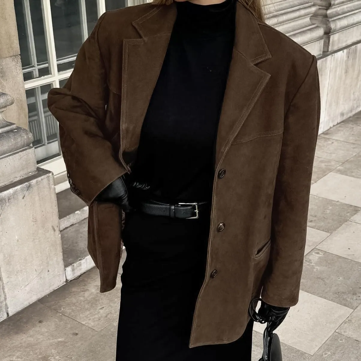 Women Coquette Suede Jacket Old Money Aesthetic Blazers Vintage Oversized Leather Jacket Bomber Preppy Winter Coat