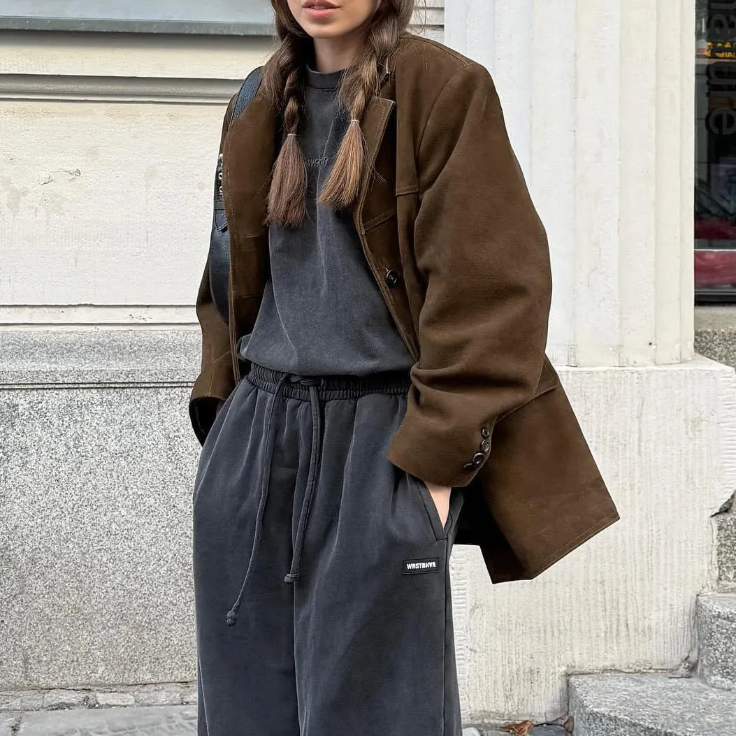 Women Coquette Suede Jacket Old Money Aesthetic Blazers Vintage Oversized Leather Jacket Bomber Preppy Winter Coat