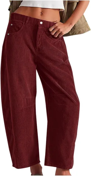 Women Corduroy Pants Barrel Mid-Rise Elastic Waist Slack Trousers Casual Wide Leg Palazzo Pant with Pockets