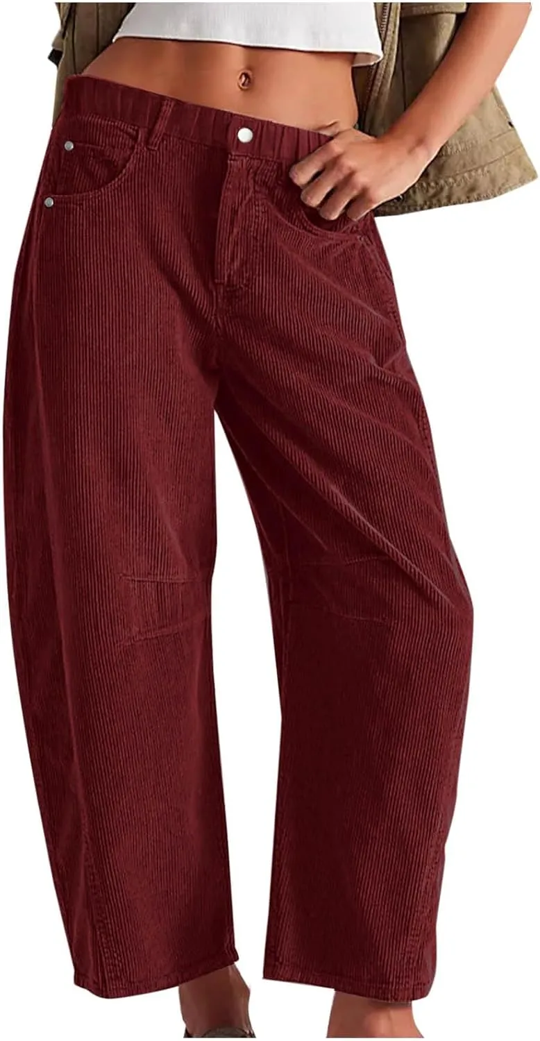 Women Corduroy Pants Barrel Mid-Rise Elastic Waist Slack Trousers Casual Wide Leg Palazzo Pant with Pockets