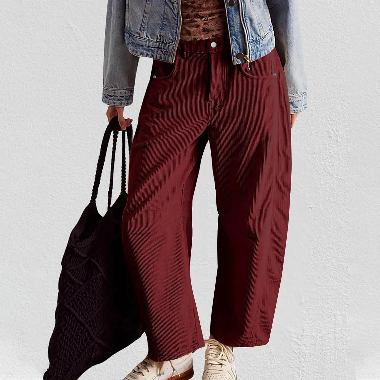 Women Corduroy Pants Barrel Mid-Rise Elastic Waist Slack Trousers Casual Wide Leg Palazzo Pant with Pockets