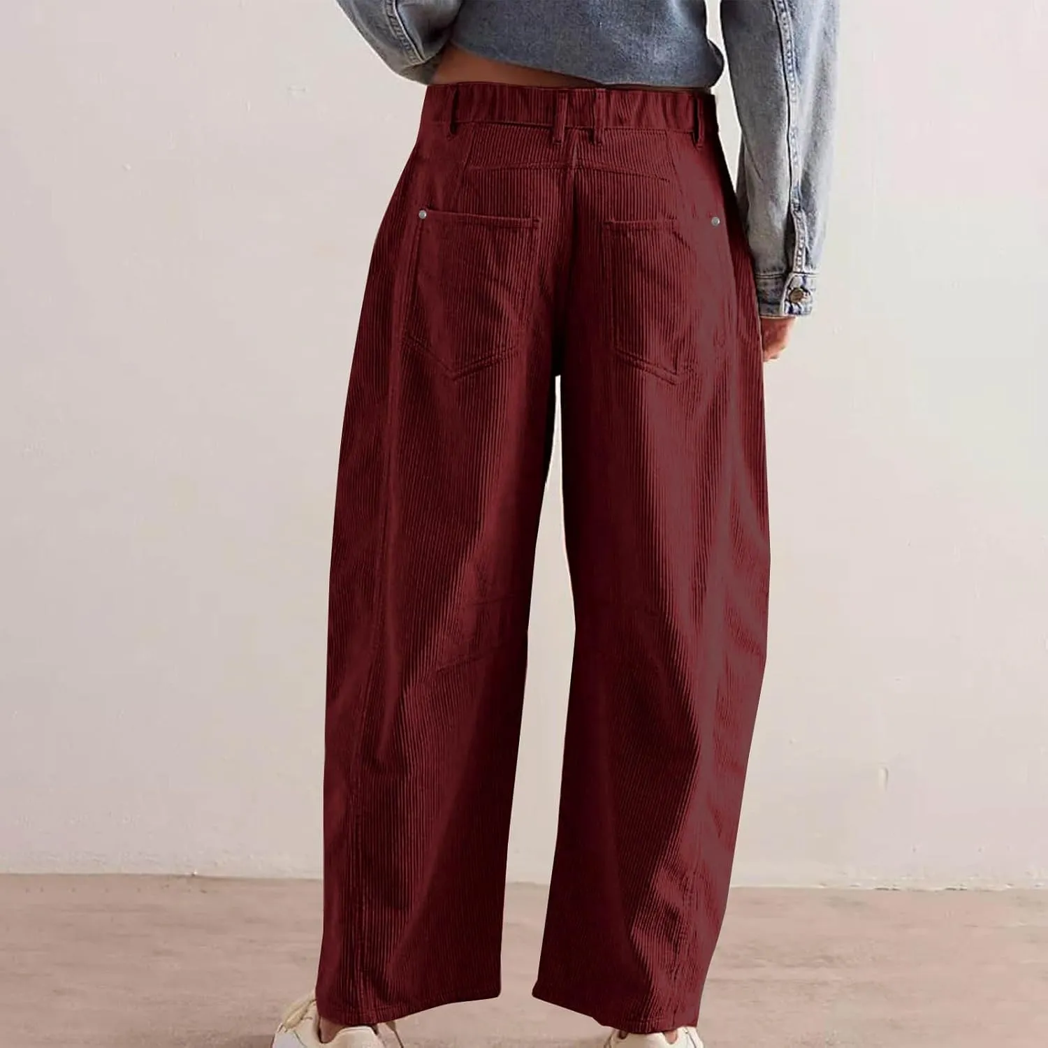 Women Corduroy Pants Barrel Mid-Rise Elastic Waist Slack Trousers Casual Wide Leg Palazzo Pant with Pockets