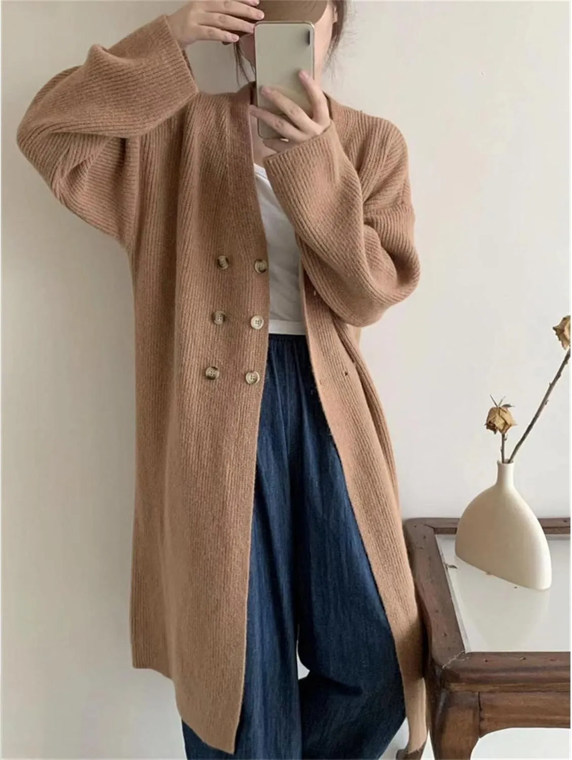 Women Double Breasted Coats Jacket Winter Trendy Solid Color Knit Overcoat Long Sleeve Maxi Long Trench Coat