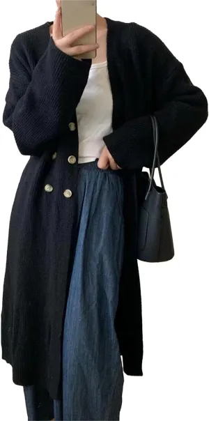 Women Double Breasted Coats Jacket Winter Trendy Solid Color Knit Overcoat Long Sleeve Maxi Long Trench Coat