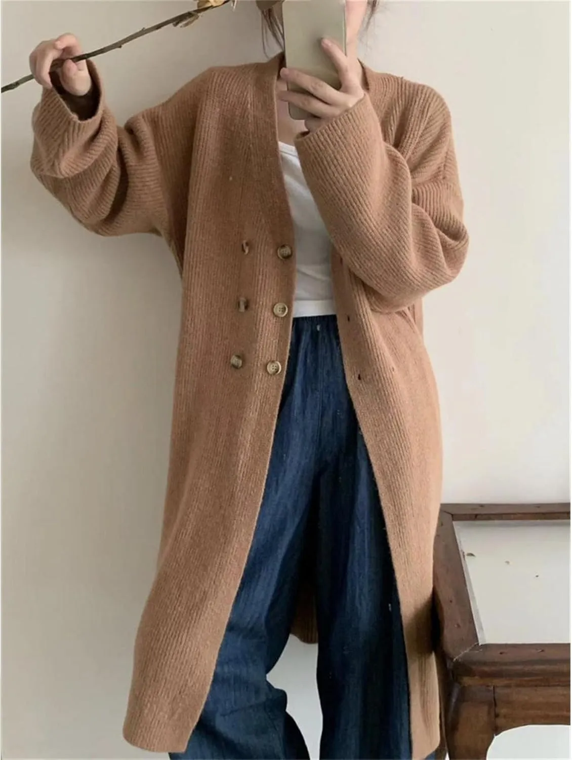 Women Double Breasted Coats Jacket Winter Trendy Solid Color Knit Overcoat Long Sleeve Maxi Long Trench Coat