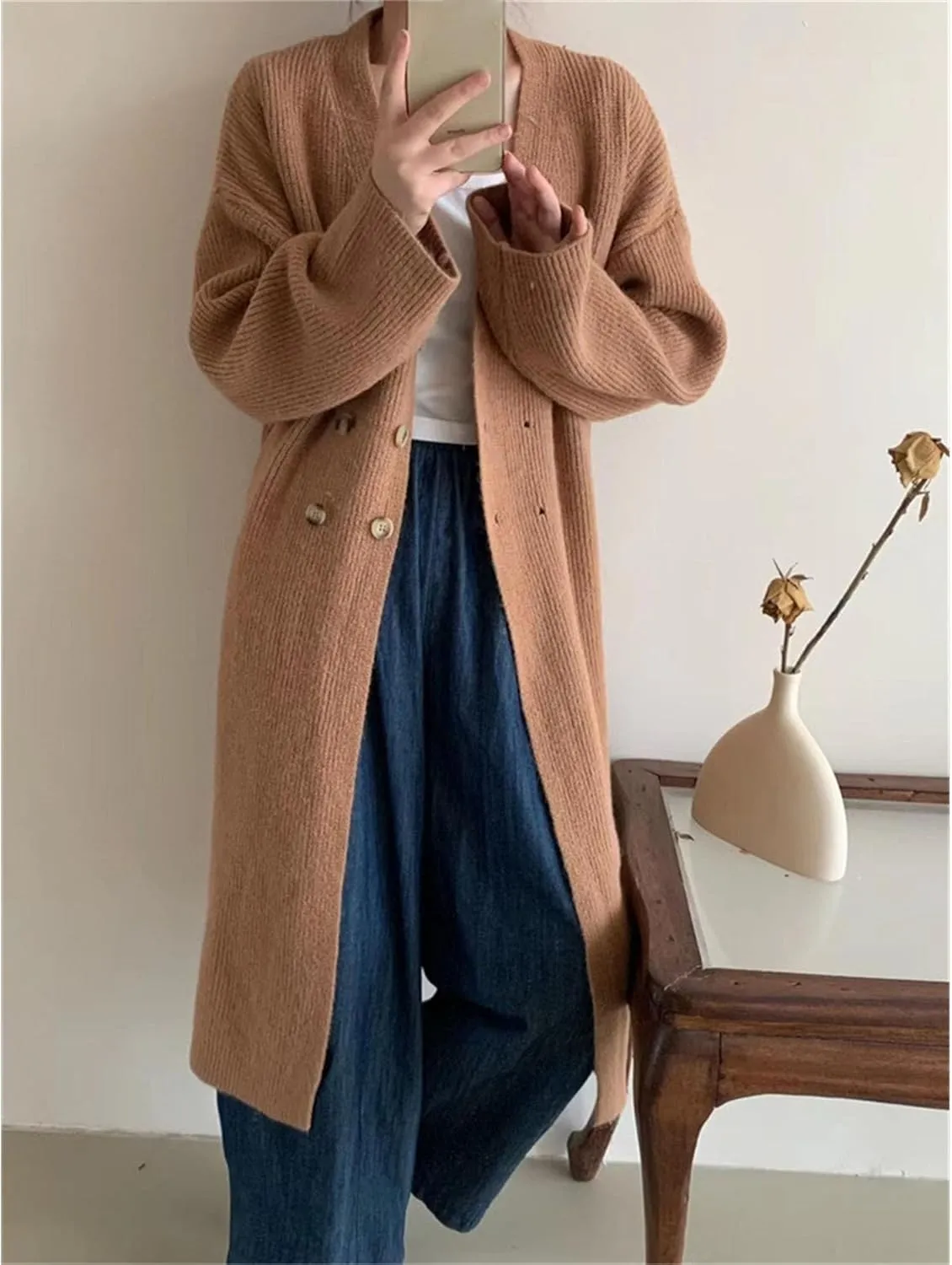 Women Double Breasted Coats Jacket Winter Trendy Solid Color Knit Overcoat Long Sleeve Maxi Long Trench Coat
