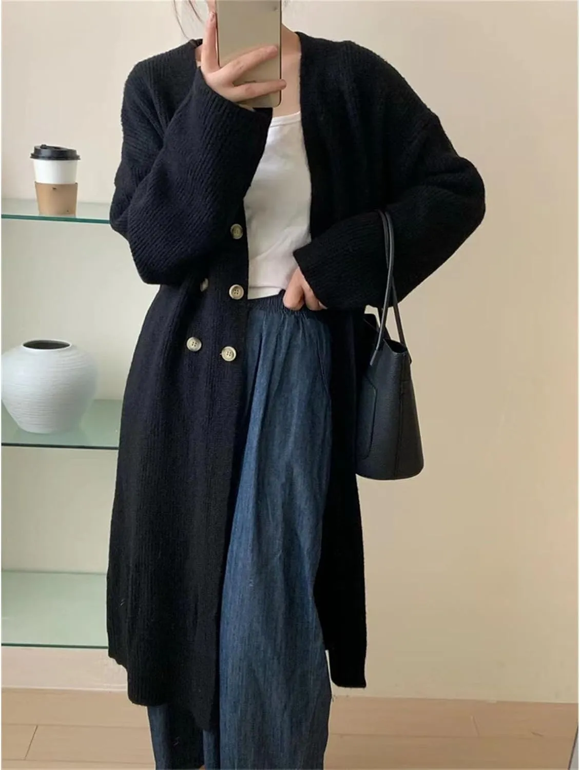 Women Double Breasted Coats Jacket Winter Trendy Solid Color Knit Overcoat Long Sleeve Maxi Long Trench Coat