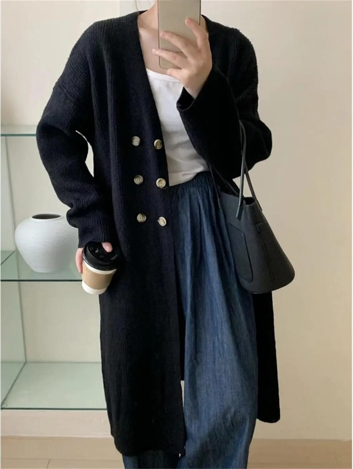 Women Double Breasted Coats Jacket Winter Trendy Solid Color Knit Overcoat Long Sleeve Maxi Long Trench Coat