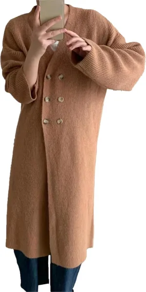 Women Double Breasted Coats Jacket Winter Trendy Solid Color Knit Overcoat Long Sleeve Maxi Long Trench Coat