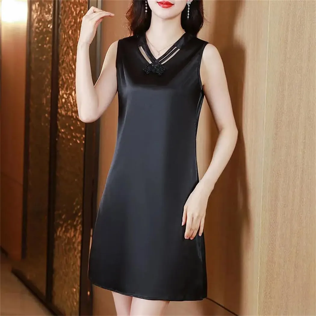Women Elegant Satin Dress Summer Sleeveless Strap V-Neck Layering Wedding Party Dresses