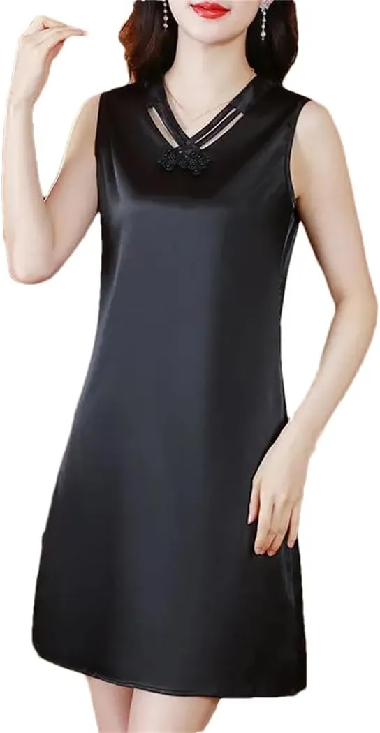 Women Elegant Satin Dress Summer Sleeveless Strap V-Neck Layering Wedding Party Dresses