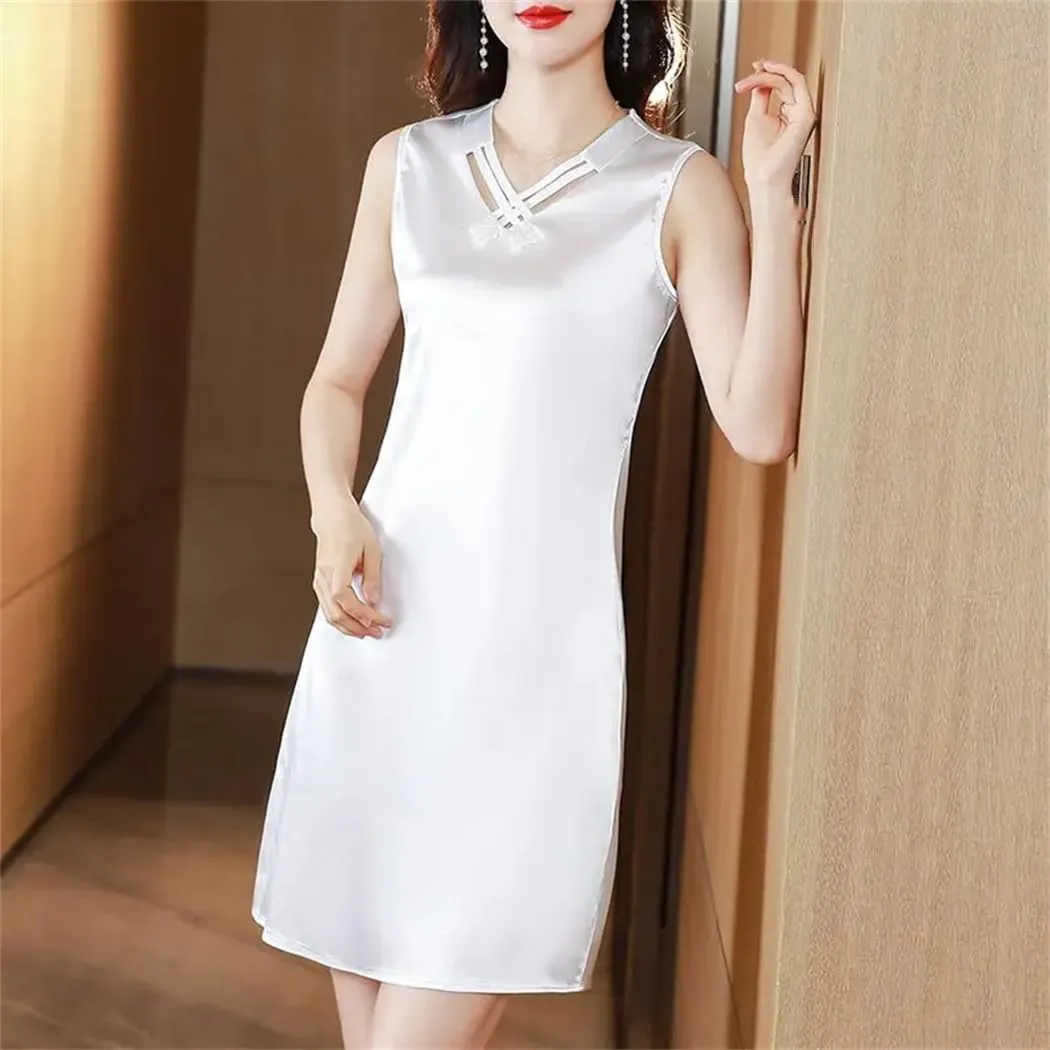 Women Elegant Satin Dress Summer Sleeveless Strap V-Neck Layering Wedding Party Dresses