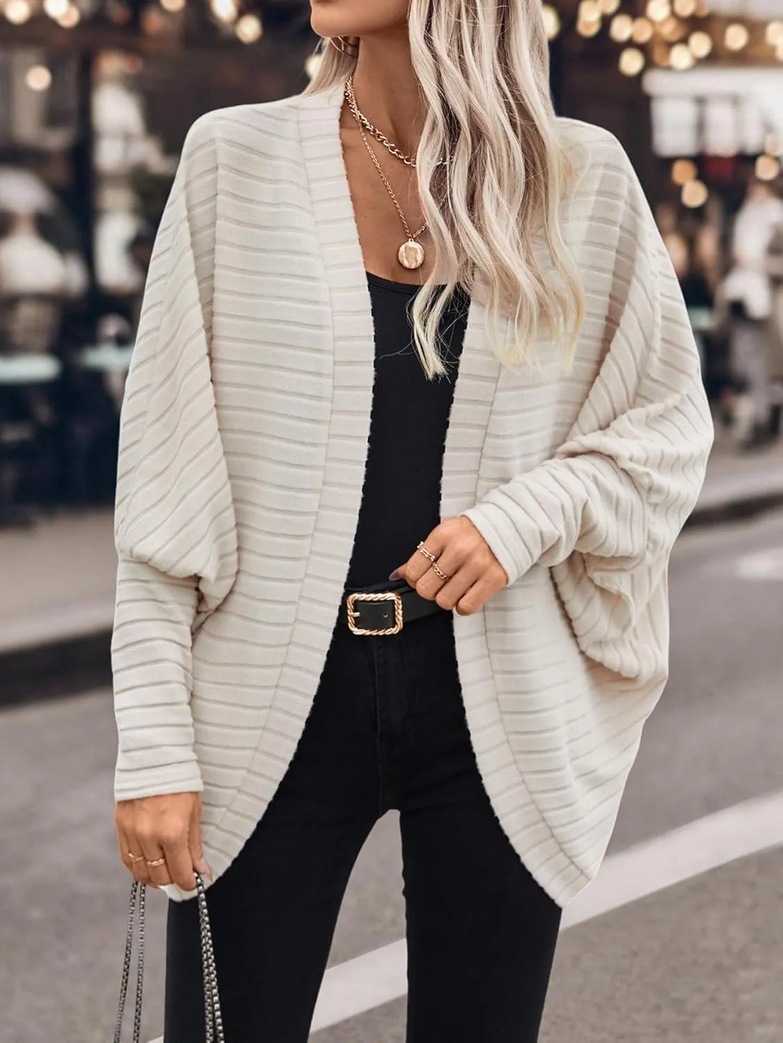 Women Houndstooth Blazer Jackets Batwing Long Sleeve Open Front Asymmetrical Cardigan Coat
