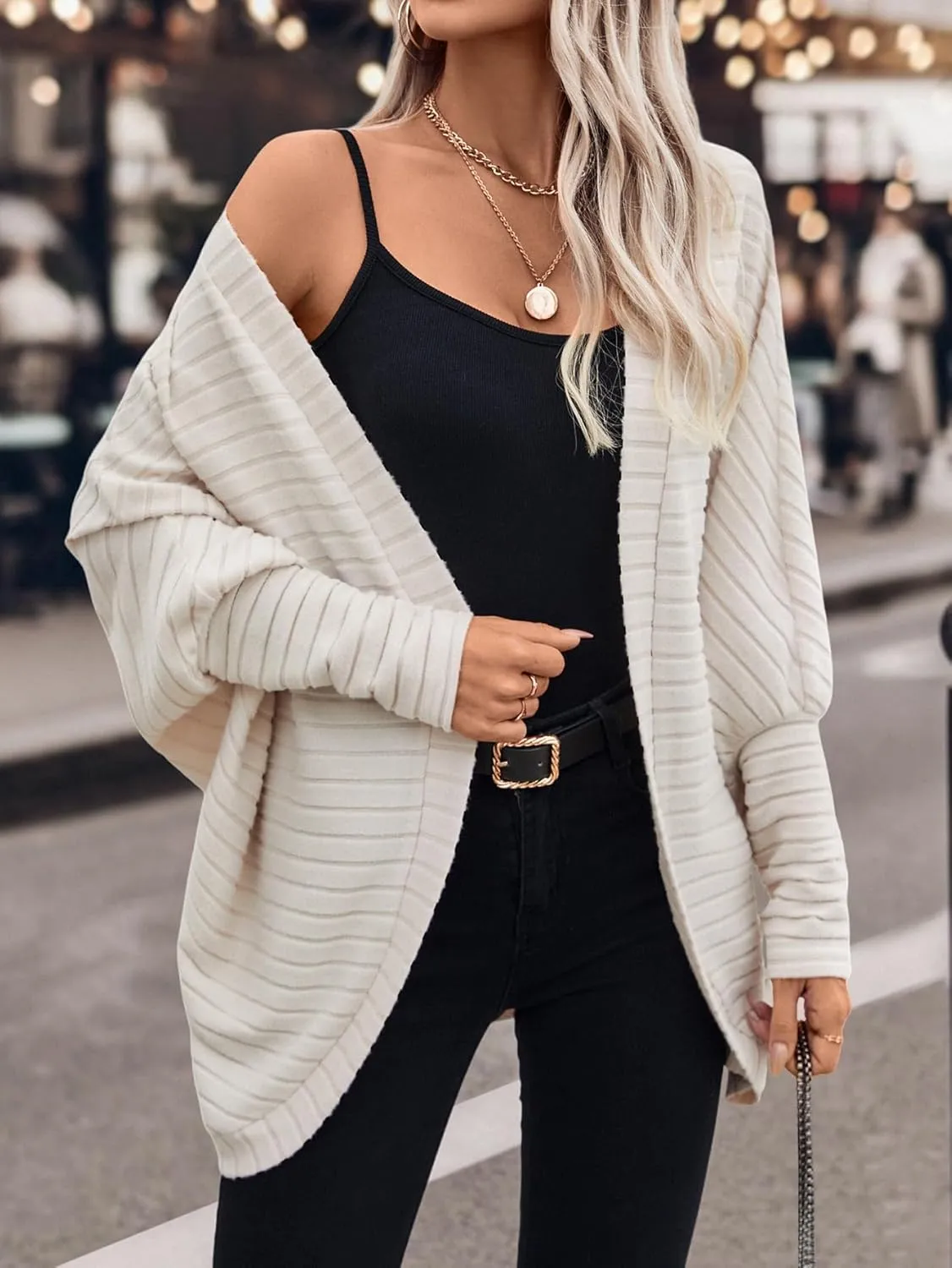 Women Houndstooth Blazer Jackets Batwing Long Sleeve Open Front Asymmetrical Cardigan Coat