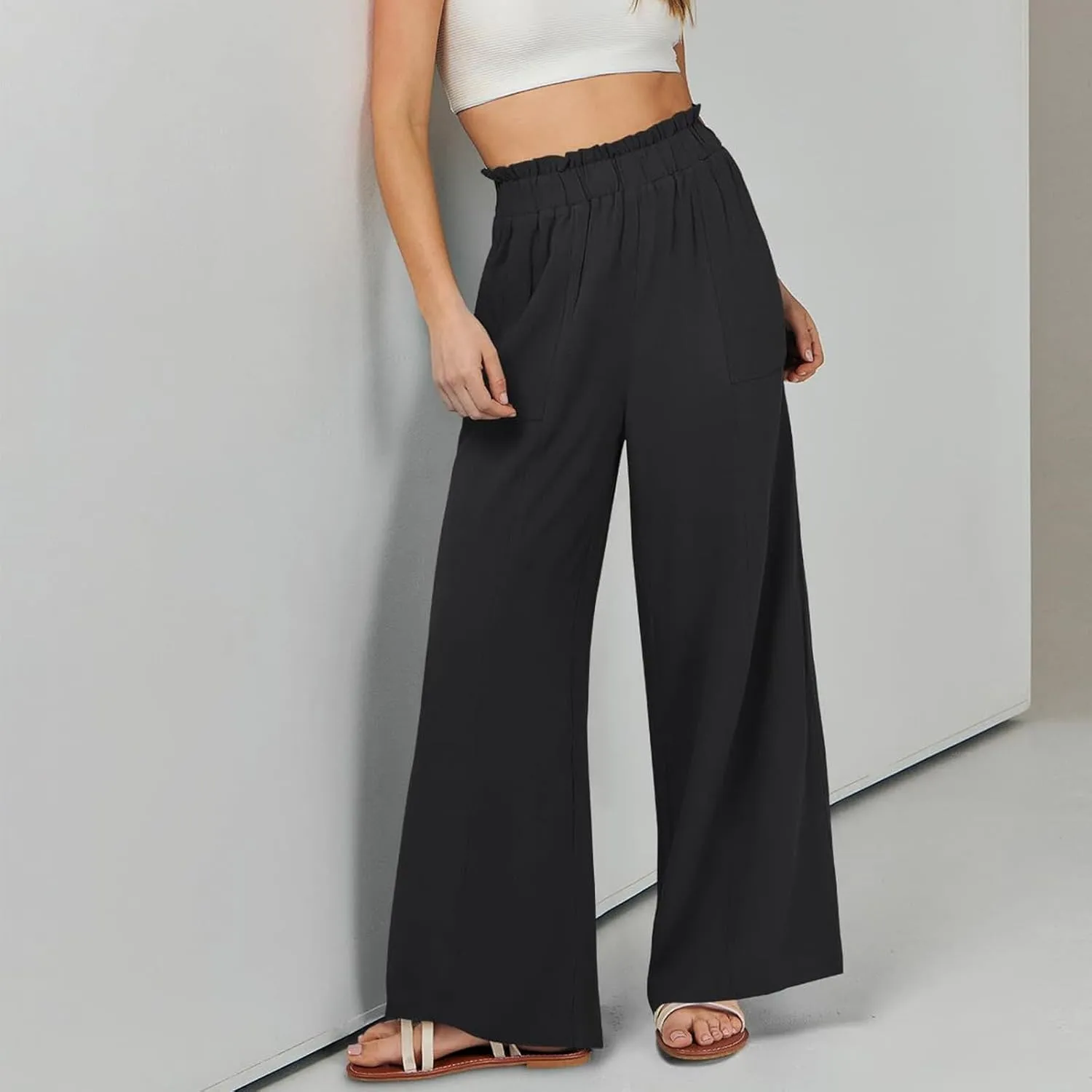 Women Linen Blend Summer Striped Palazzo Pants Elastic Waist Wide Leg Loose Fit Trouser Vacation