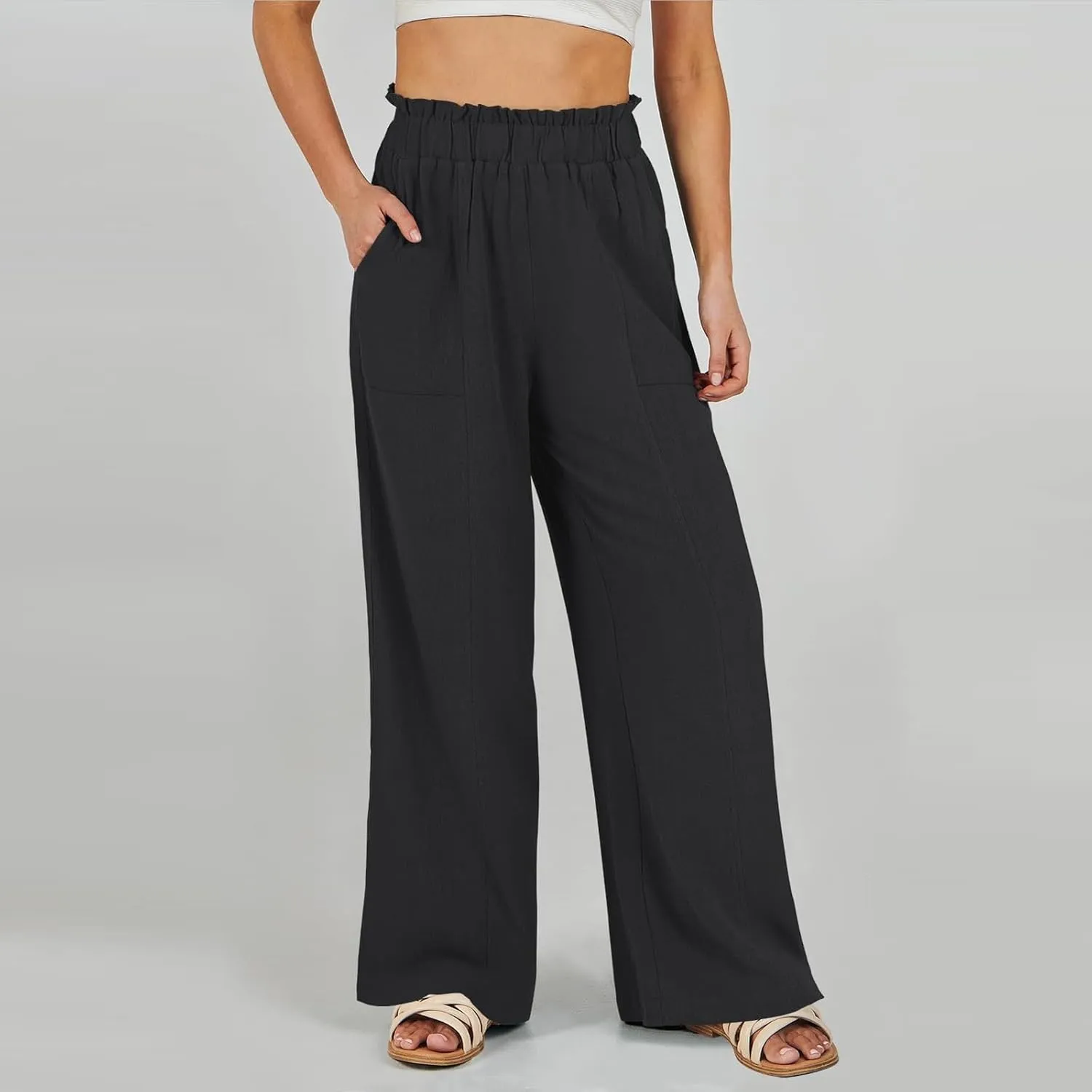 Women Linen Blend Summer Striped Palazzo Pants Elastic Waist Wide Leg Loose Fit Trouser Vacation