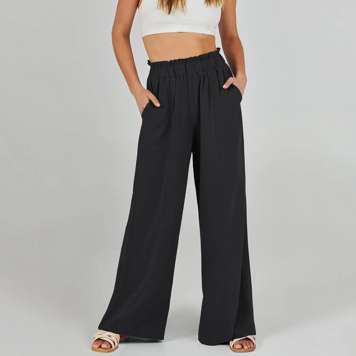 Women Linen Blend Summer Striped Palazzo Pants Elastic Waist Wide Leg Loose Fit Trouser Vacation