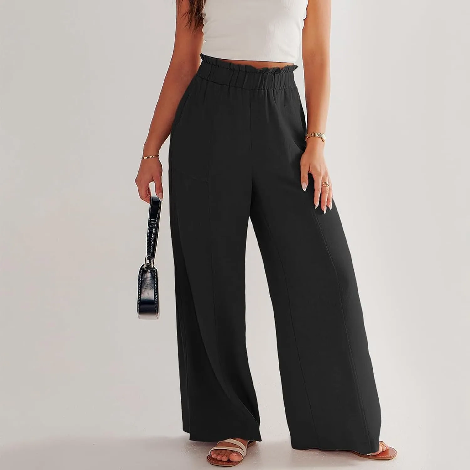 Women Linen Blend Summer Striped Palazzo Pants Elastic Waist Wide Leg Loose Fit Trouser Vacation