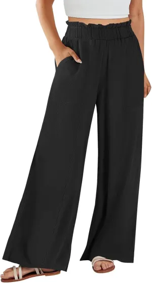 Women Linen Blend Summer Striped Palazzo Pants Elastic Waist Wide Leg Loose Fit Trouser Vacation