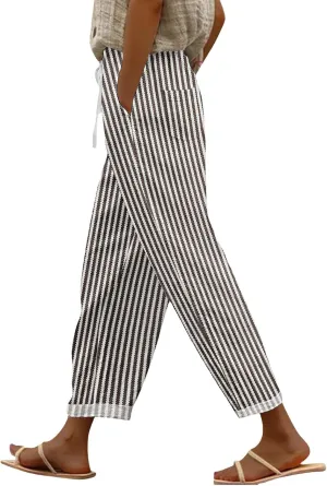 Women Linen Pants Summer Pure High Waist Lounge Bohemian Petite Trousers Trendy Outfit with Pockets