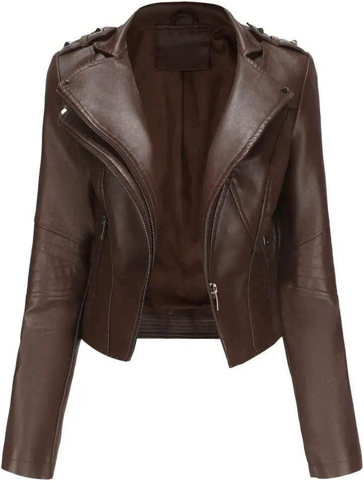 Women Moto Biker Zipper Jacket Faux Leather Jacket Women Motorcycle Coat