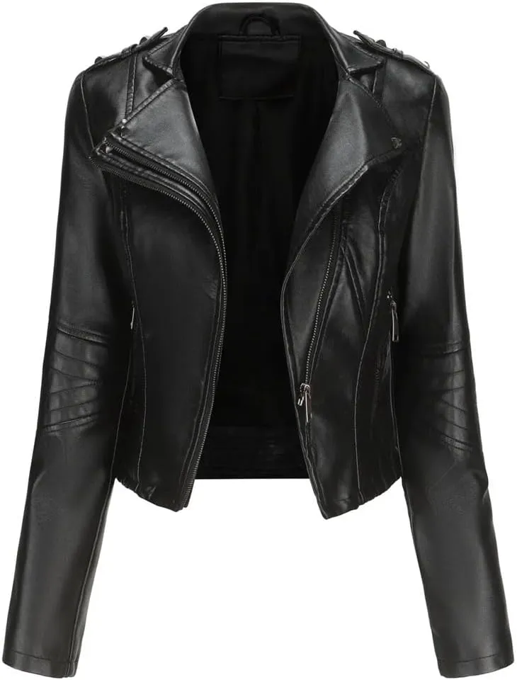 Women Moto Biker Zipper Jacket Faux Leather Jacket Women Motorcycle Coat