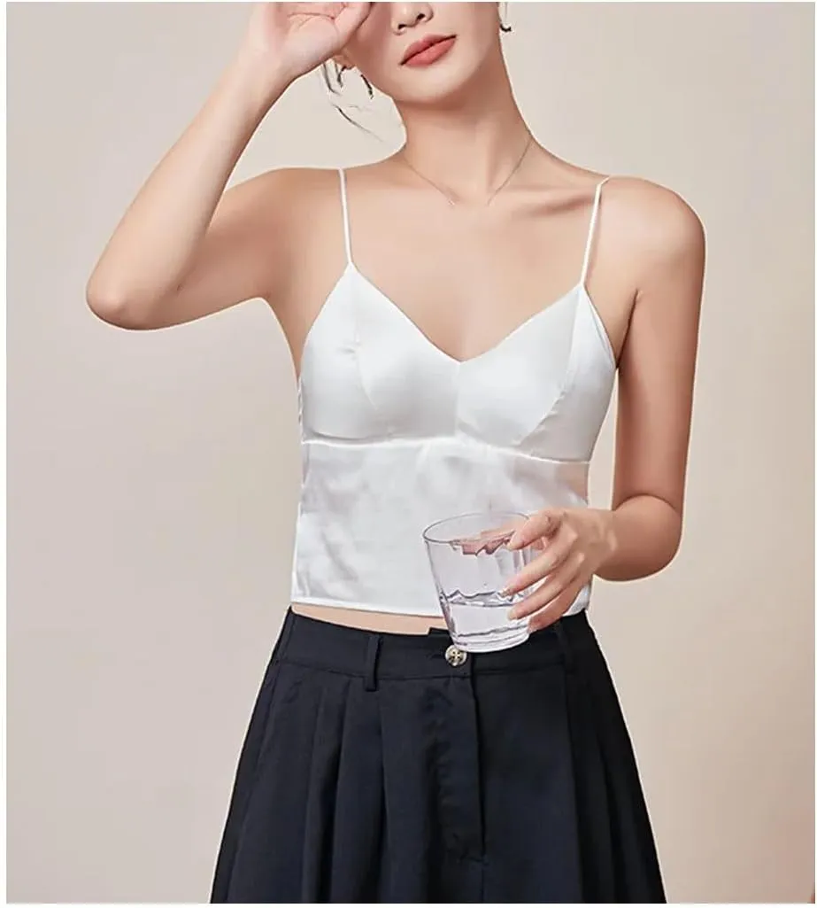 Women Mulberry-Silk Camisole Padded Bralette Tube Top With Bra Fitted Cropped Tanks Basic Bottoming Tops