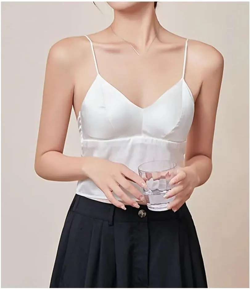 Women Mulberry-Silk Camisole Padded Bralette Tube Top With Bra Fitted Cropped Tanks Basic Bottoming Tops