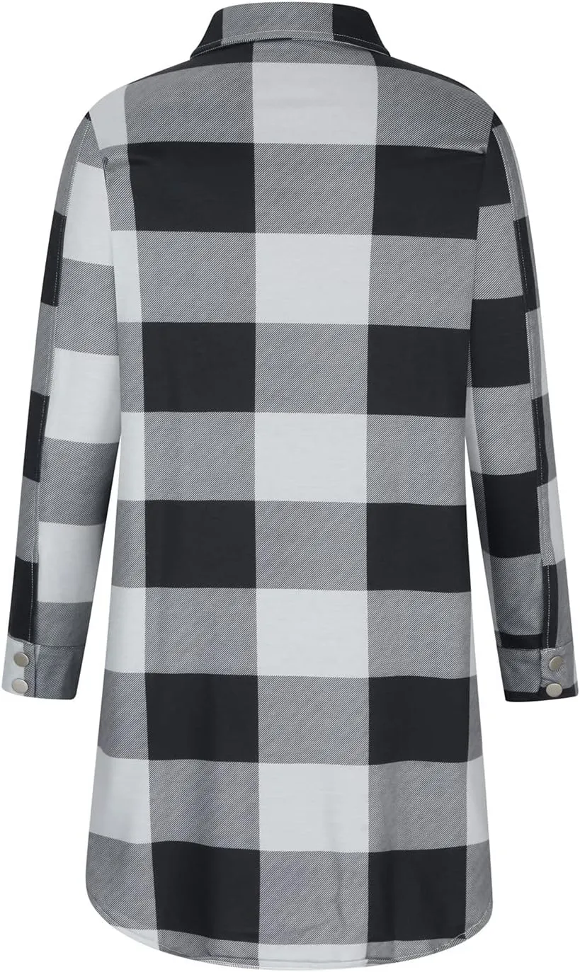 Women Plaid Trench Coats Long Sleeve Flannel Shirts Jackets Button Down Shackets Casual Trendy Fall Winter Outfits