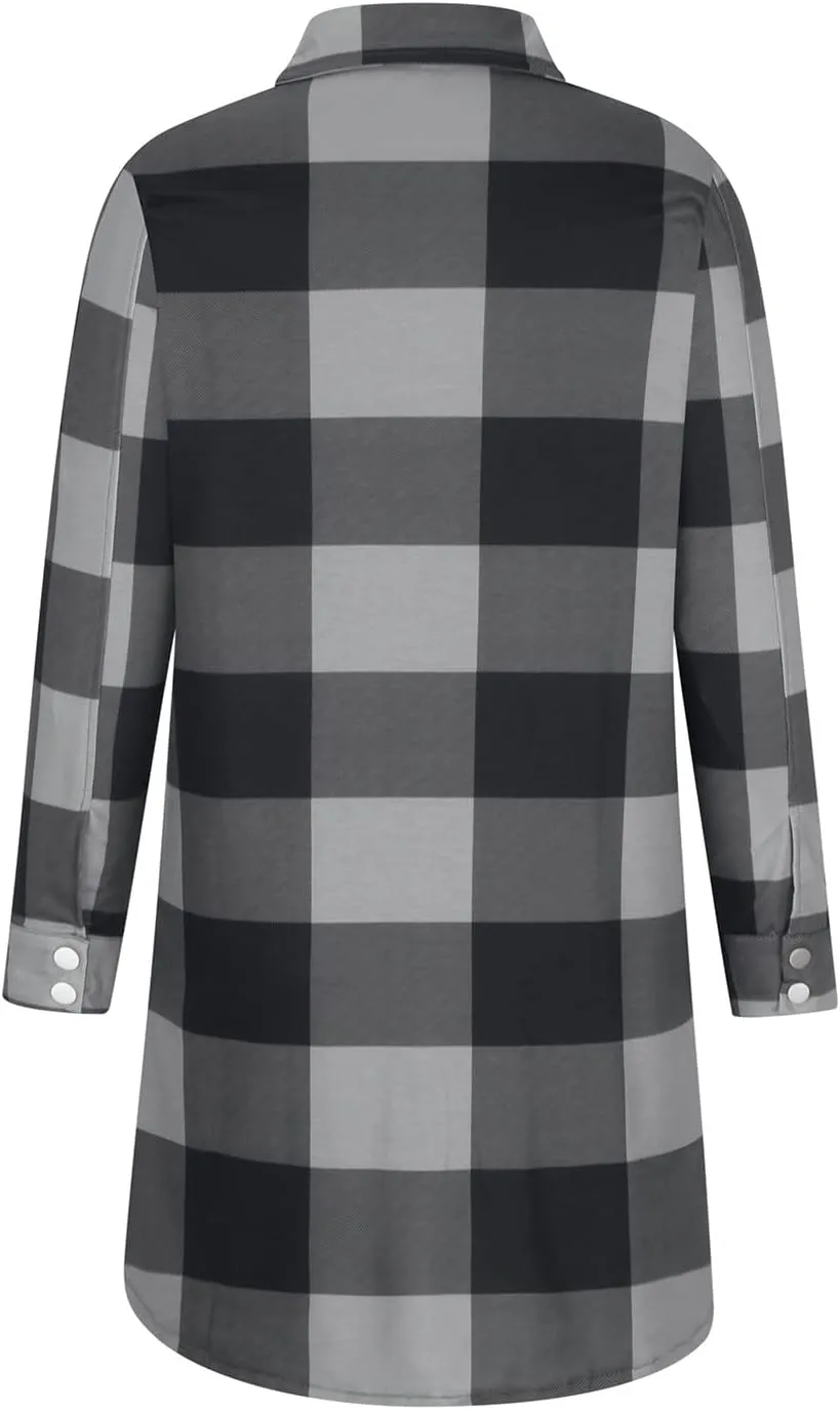Women Plaid Trench Coats Long Sleeve Flannel Shirts Jackets Button Down Shackets Casual Trendy Fall Winter Outfits