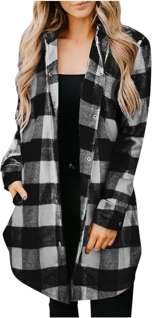 Women Plaid Trench Coats Long Sleeve Flannel Shirts Jackets Button Down Shackets Casual Trendy Fall Winter Outfits