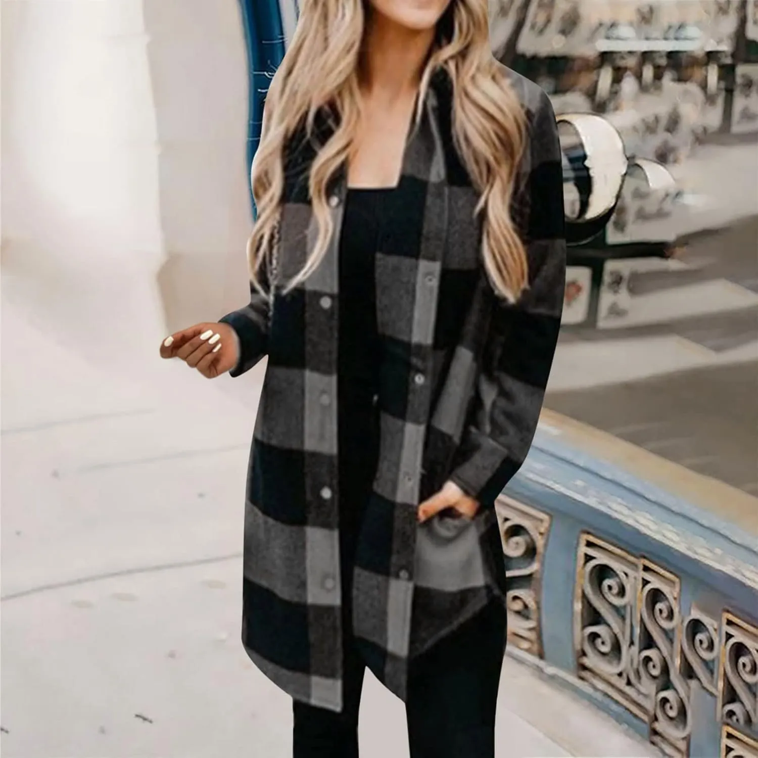Women Plaid Trench Coats Long Sleeve Flannel Shirts Jackets Button Down Shackets Casual Trendy Fall Winter Outfits