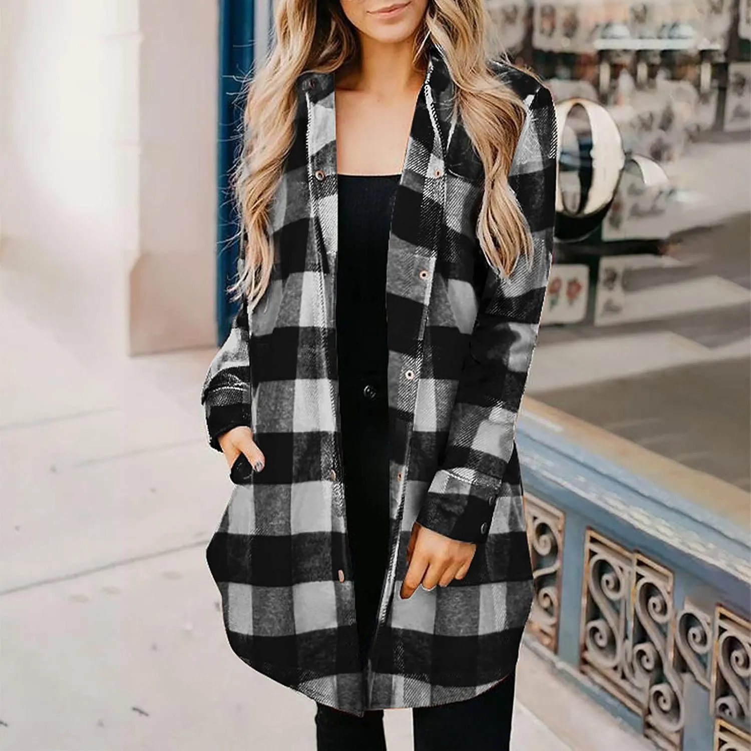 Women Plaid Trench Coats Long Sleeve Flannel Shirts Jackets Button Down Shackets Casual Trendy Fall Winter Outfits