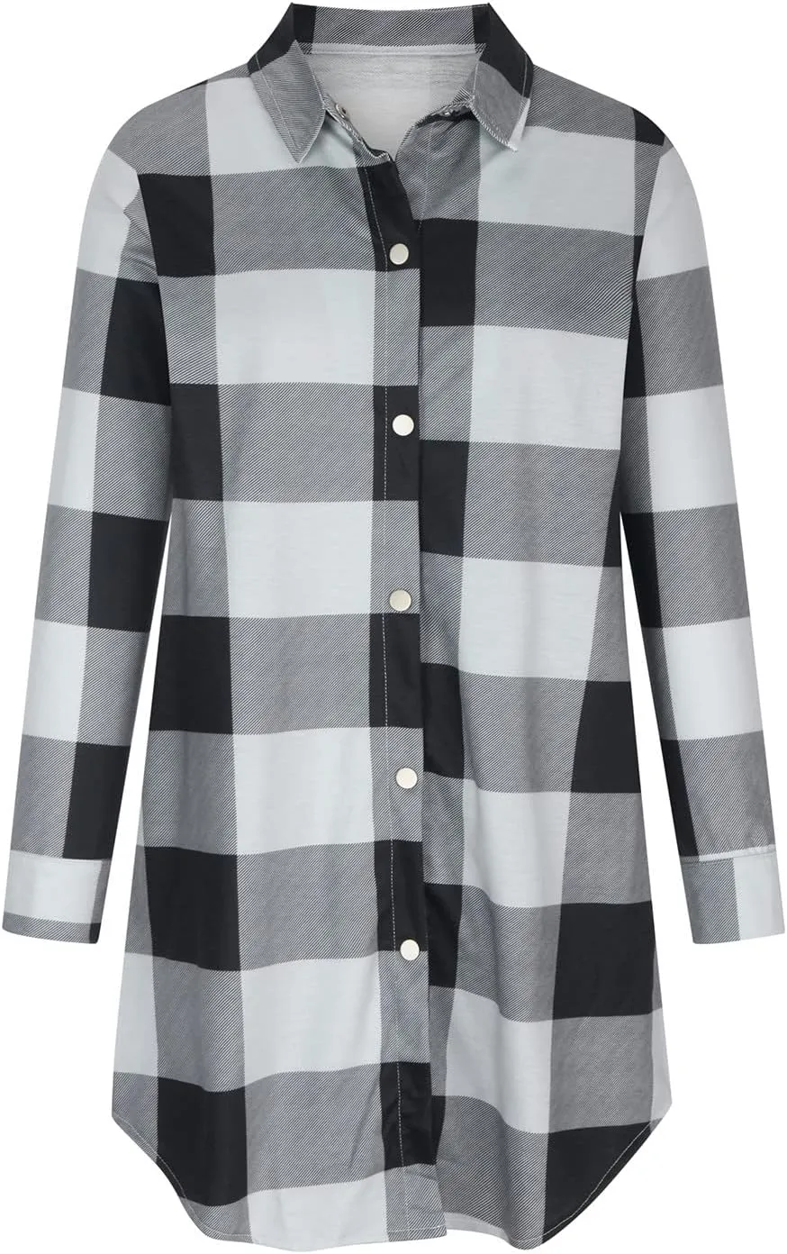 Women Plaid Trench Coats Long Sleeve Flannel Shirts Jackets Button Down Shackets Casual Trendy Fall Winter Outfits